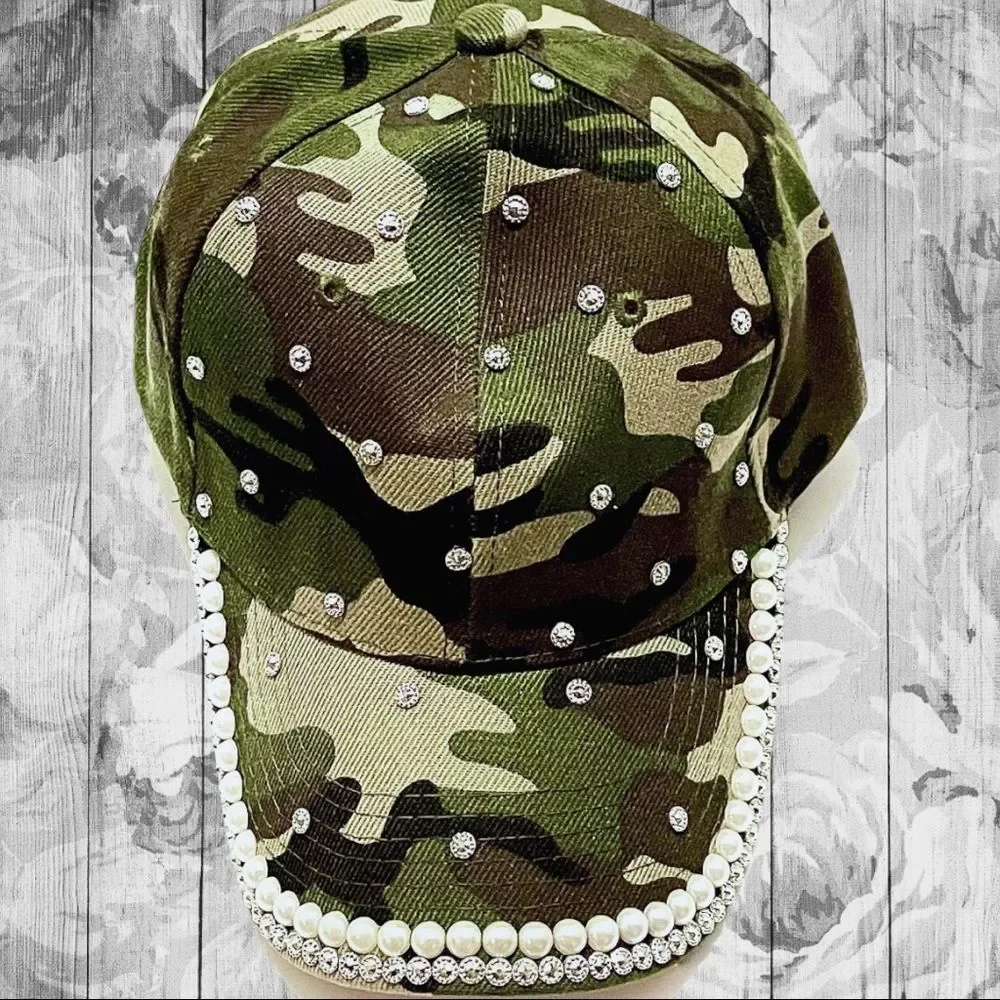 Camo Bling Rhinestone & Pearl Embellished Baseball Cap Hat NEW - Picture 5 of 12